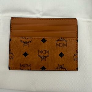MCM Cognac Logo Slim Card Holder in Tan and Black